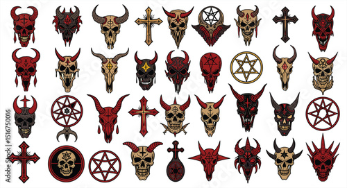 Extensive vector collection of dark occult and demonic skulls, crosses, and pentagrams, featuring horns and mystical elements, perfect for alternative and edgy designs.