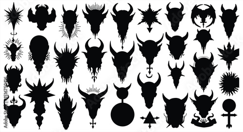 Extensive vector compilation of abstract and demonic skull silhouettes, featuring horns and mystical symbols, perfect for dark fantasy, gaming, and occult designs.