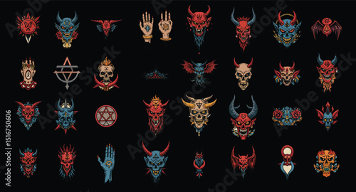 Extensive vector compilation of intricate dark occult and mystical emblems, showcasing demons, skulls, hands, and geometric symbols, perfect for alternative and edgy designs.