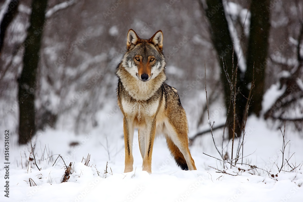 Fototapeta premium Wolf standing in the snowy forest