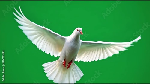 White Dove Flying with Spread Wings on Green Screen Background