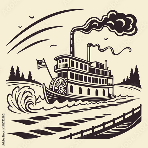 Vintage paddle steamer cruising on a river with trees in background  