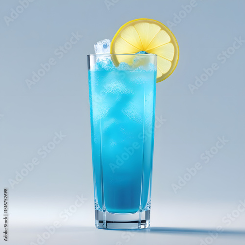 Blue Lagoon Cocktail in Tall Highball Glass with Lemon Wheel Garnish  Isolated on Transparent Background  Vibrant Electric Blue Drink PNG for Bar Menus, Mixology Designs & Drink Illustrations