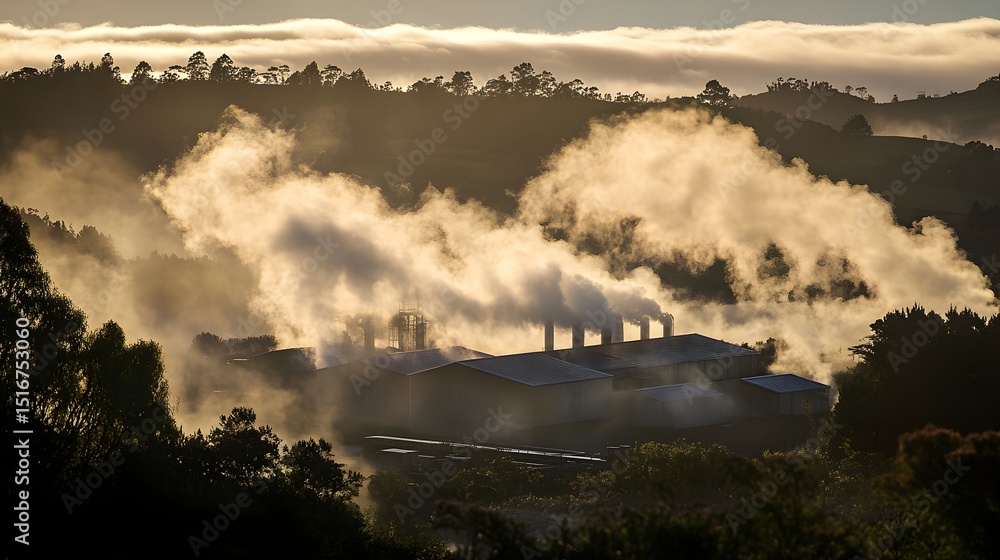 Obraz premium Industrial plant steam rising at sunrise