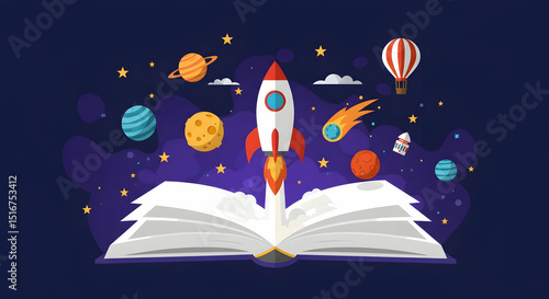 Wallpaper Mural Open Book Rocket Space Adventure Imagination Galaxy Stars Torontodigital.ca