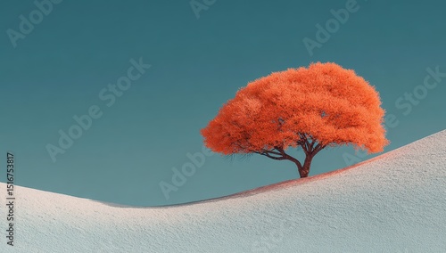 Minimalist photograph of an orange tree on a snow-covered hill, with a blue sky