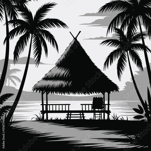 Tropical beach hut silhouette with palm trees isolated on white background.