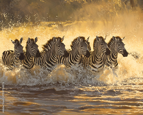 A herd of zebras crossing a river, the water splashing around them as they move through the cool currents. The surrounding savannah and golden light of evening create a dynamic and peaceful scene.