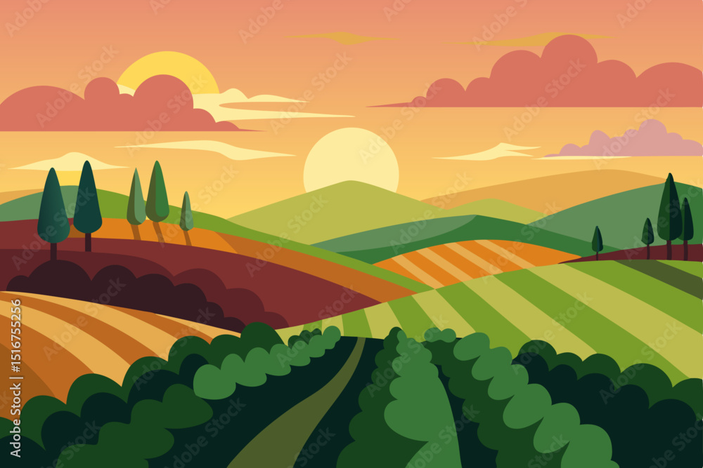 Obraz premium Autumn hills landscape with green trees, blue sky, and clouds