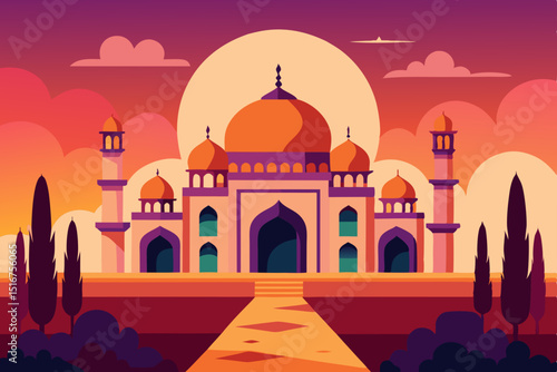 Taj Mahal at sunset, an ancient marble monument and mosque in Agra, India