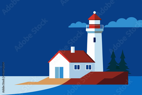 White lighthouse tower on a coastline by the sea under a blue sky, a beacon for navigation and travel