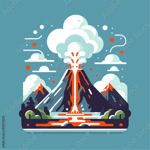 Vector illustration of an erupting volcano surrounded by mountains and clouds