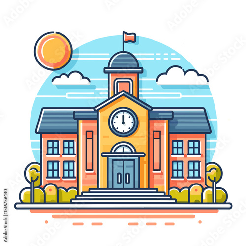 Vector illustration of a colorful school building with a clock symbolizing education and learning