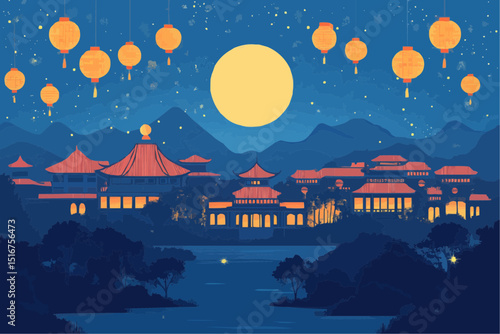 An atmospheric illustration of a cityscape at night with full moon, decorated with lanterns. It's a beautiful, serene and peaceful scene with the buildings illuminated with soft light. 