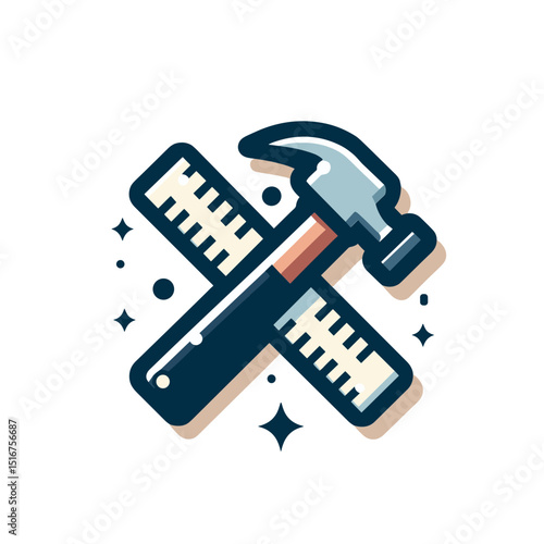 Vector illustration of a hammer and ruler crossed, symbolizing construction and craftsmanship