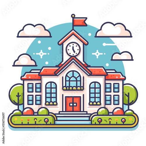 Vector illustration of a school building with a clock and trees, symbolizing education and community