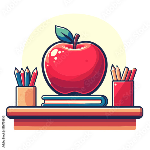 Vector illustration of a bright red apple on a desk surrounded by books and colored pencils, symbolizing education and learning