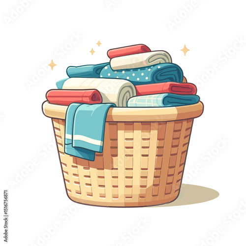 Laundry basket filled with clean towels vector illustration representing household chores