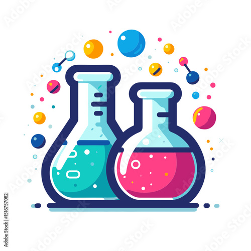 Vector illustration of laboratory flasks with colorful liquids and molecules on a white background