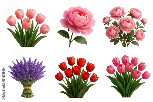 Wallpaper Mural A stunning collection of vibrant flowers, including pink tulips, peonies, and lavender. Perfect for representing beauty, nature, and floral arrangements in various designs. Torontodigital.ca