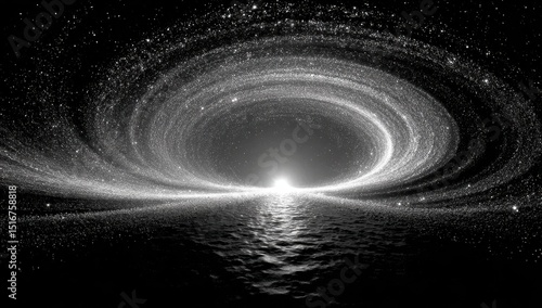 The black background is covered with sand-like particles, and the sparkling light shines on them from top to bottom.