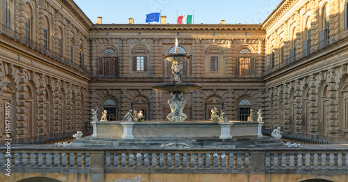 Fontana della Cipolla with layered basins and mythological figures in courtyard of Palazzo Pitti, Boboli Gardens, Florence, Italy.