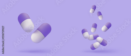 3d pharmacy drug for health pharmaceutical on purple background. Cartoon minimal of first aid and health care. Medical symbol of emergency help. 3d aid medicine icon vector render illustration