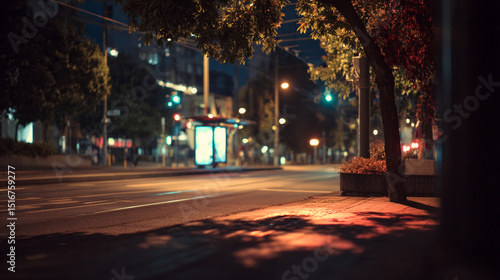 A quiet city street at night with a bus stop and tree shadows on the sidewalk and road surface