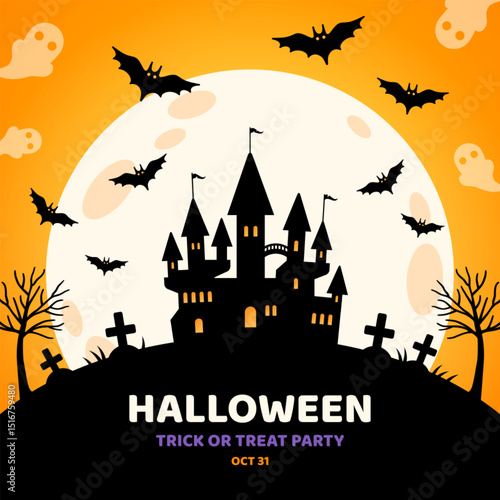 Happy Halloween landscape poster banner, black scary castle silhouette on orange background, full moon, cemetery and ghosts. Vector illustration. Witch haunted house graveyard, flying bats