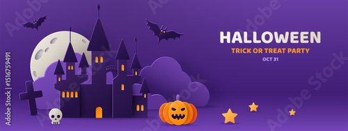 Spooky Haunted House Paper cut poster. Vector illustration. Happy Halloween Scene, Full Moon, Bats. Place for text. Banner party invitation background, night clouds, scary castle and pumpkin lantern