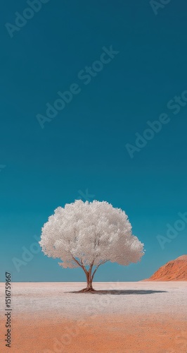 White tree in the desert, blue sky, minimalism, simple background, clean background, mobile wallpaper, high resolution, photography, hyper-realistic