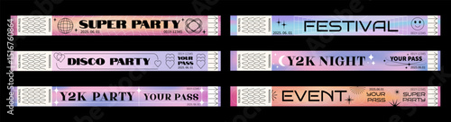 Ticket bracelet. Concert entry. Event party or cinema mockup. Futuristic access pass logo for staff hand. Wristlet ribbon. Aesthetic stripes. Festival wristband. Vector Y2k stickers set