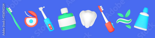3d toothpaste. Toothbrush, dental tooth. Brush, paste for oral teeth hygiene. Dentistry fluoride mouthwash, chewing gum. Render minimal isolated elements, stomatology vector cute icons
