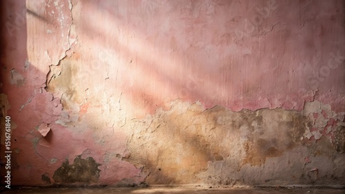 A Weathered Wall with Sunlight Illuminating Flaking Pink Plaster and Exposed Underlayer