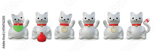 3D Japan cat. Japanese lucky animal. Chinese gold money character or China kitty. Maneki neko figurine. Traditional prosperity talisman. Folklore mammal. Vector ceramic kittens set