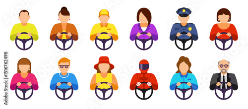Bus drive. People at transport steering wheels. Person in car. Track front or man chauffeur. Man and woman drivers faces. Police automobile traffic. Vehicle operator characters vector set