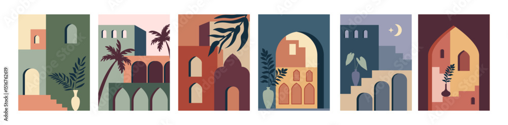 Naklejka premium Morocco architecture. Abstract Moroccan landscape, tropical boho or minimalist geometric arch, modern buildings, style frames with desert. Minimalistic isolated background. Vector print