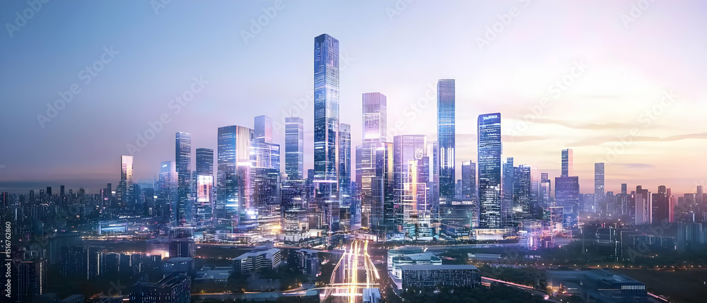 Fototapeta premium Futuristic City Skyline At Dusk