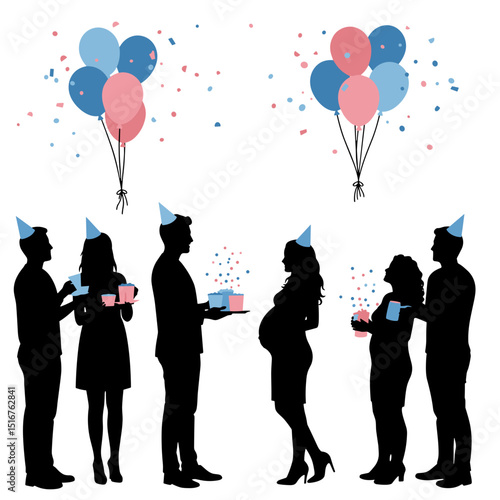 Group of people celebrating gender reveal party with balloons and gifts  