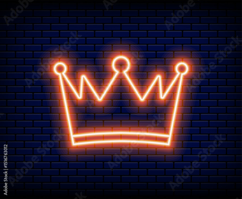 Neon crown. King and queen royal imperial symbol, light and brick wall on background. Luxury princess or prince monarch symbol. Emperor accessory. Decoration vector isolated illustration