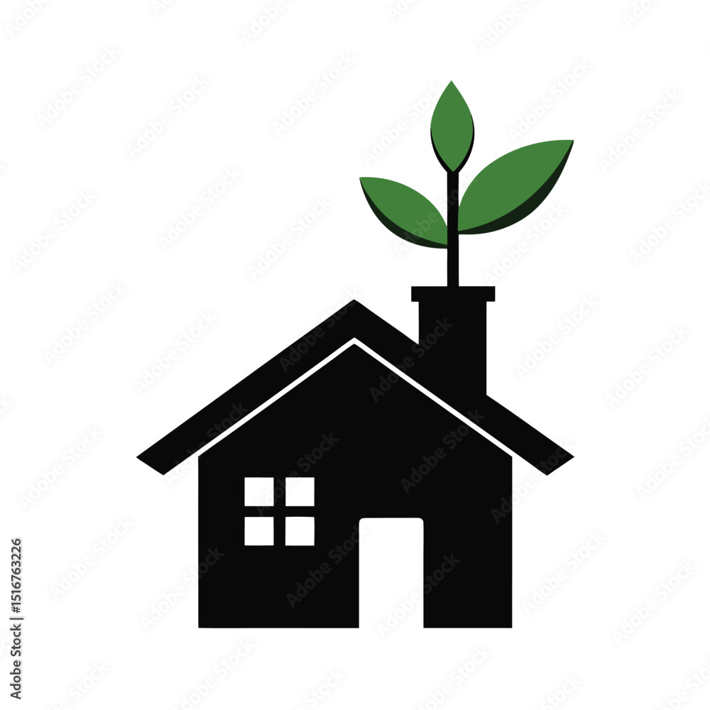 House Silhouette with a Growing Leaf House Silhouette with a Growing Leaf
