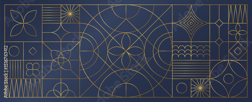 Line art pattern. Abstract circle background. Luxury ornament frame. Graphic invitation border. Gold outline motif. Decoration with geometric and floral elements. Vector design banner