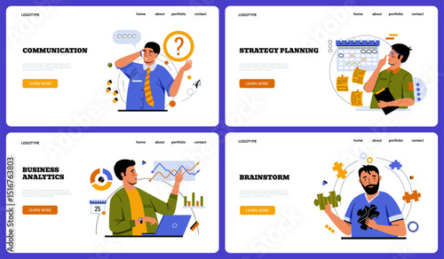Business concept. Strategy planning, communication, analytics and team brainstorm. Minimalist design web banner. Employee or manager. Male character. Vector cartoon flat illustration