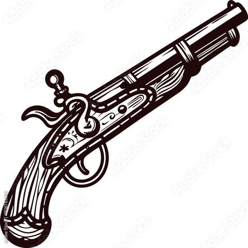 Antique flintlock pistol illustrated in detailed black and white sketch
