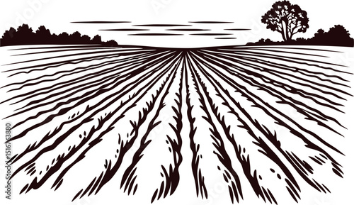 Scenic agricultural field with tree and horizon line design in black and white