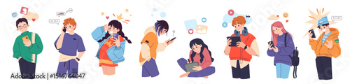 People with phone. Woman social media person, happy student in internet network listen music, male and female talking and chatting. Vector cartoon flat style isolated teenager characters