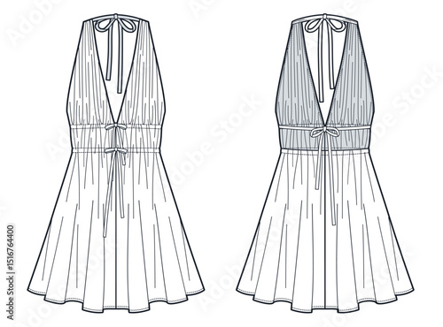Halter Neck Mini Dress Fashion Technical Sketch. Drapped Dress fashion flat technical drawing template, tie, backless, sleeveless, front and back view, white, women CAD mockup.