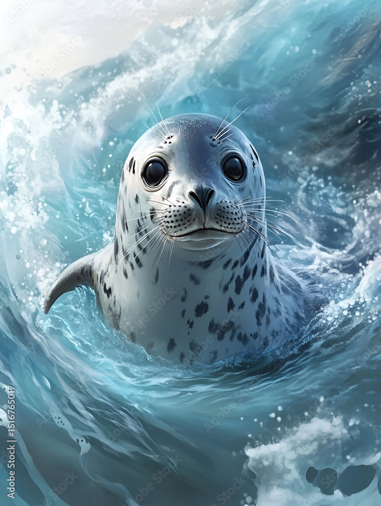 Fototapeta premium A seal popping its head out of the water in the icy ocean, the cold blue waters contrasting with the warmth of the sun shining down. The playful expression on its face adds a sense