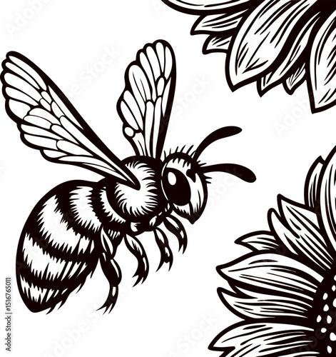 Detailed hand drawn honeybee approaching blooming sunflower black and white vintage botanical insect illustration