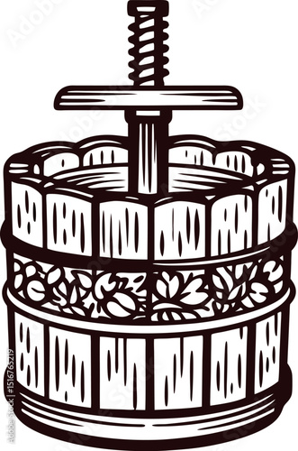 Hand drawn wooden fruit press with apples for cider making in vintage engraving illustration